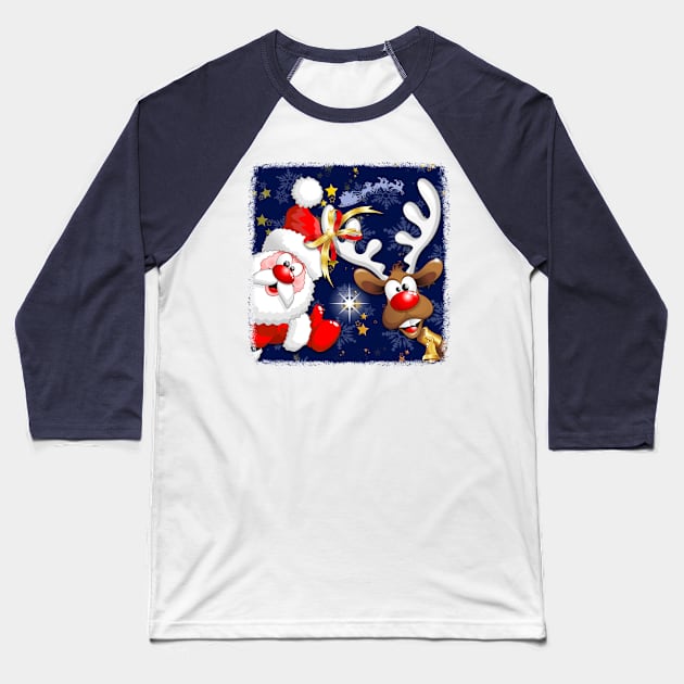 Merry Christmas Happy Santa and Reindeer Baseball T-Shirt by BluedarkArt